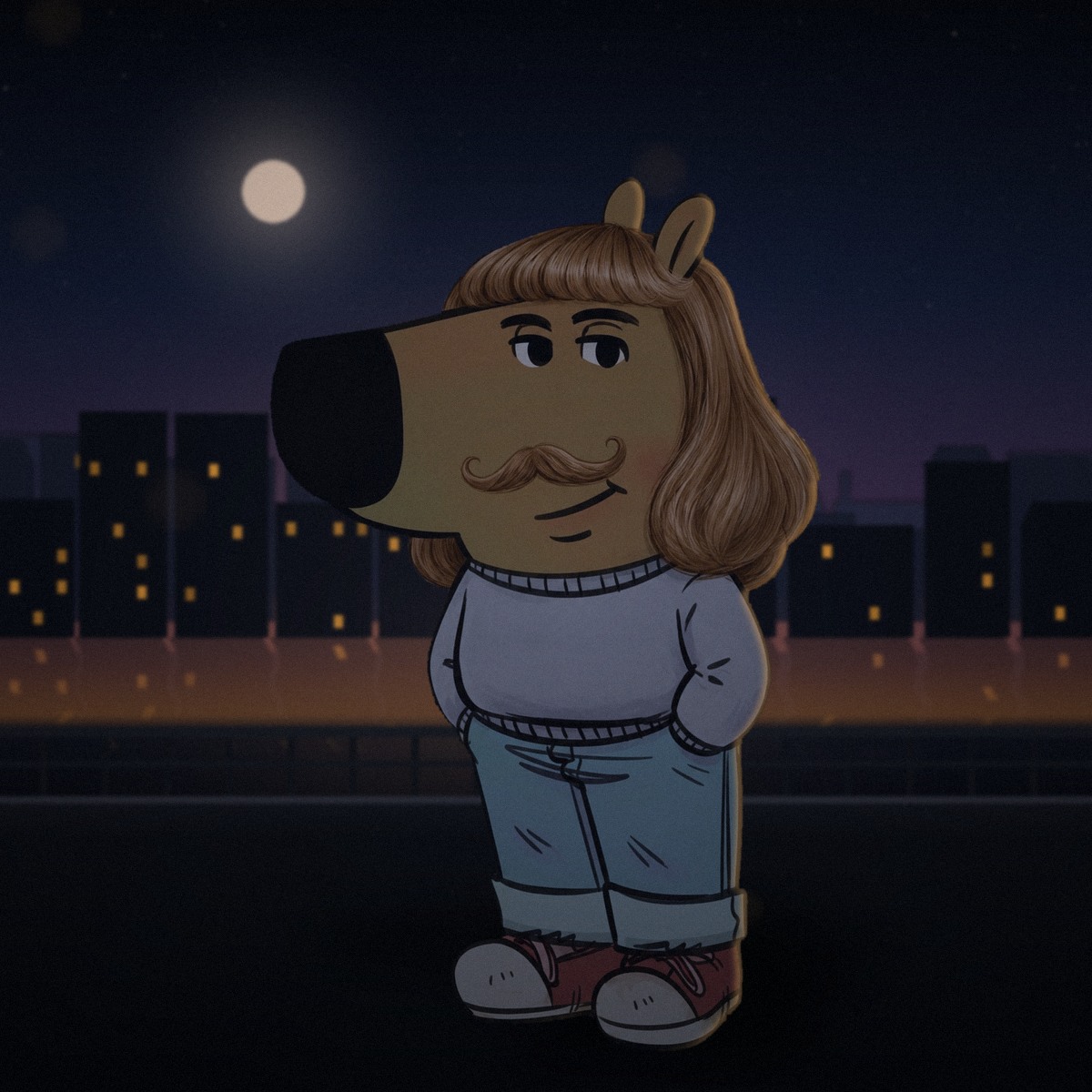 Phil Guy under the city skyline at night
